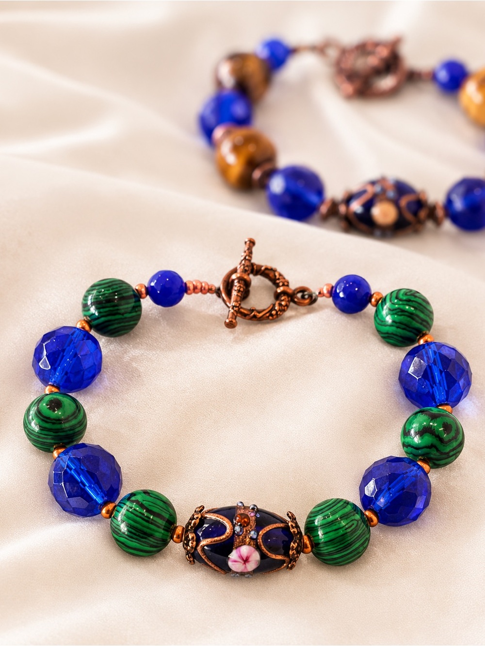 Wedding Cake Focal, Malachite, Faceted Cobalt Crystal & Copper Clasp Bracelet 7”